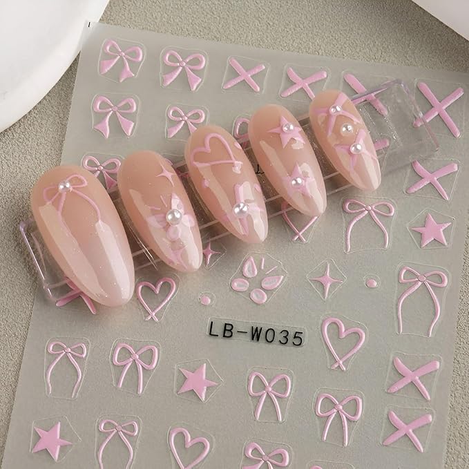 Bows Nail Art Stickers Heart Nail Decals Pink White Red Nail Stickers Bow Tie with Design Nail Decals for Nails Art Valentine's Day Manicure DIY for Women Girls Acrylic Nails Supplies