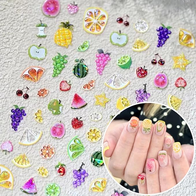 1 Sheets Summer Fruit Nail Art Stickers 5D Self-Adhesive Jelly Embossed Watermelon Grape Grapefruit Nail Decals Cute Pineapple Strawberry Cherry Nail Stickers for Women Girls Nails Decoration