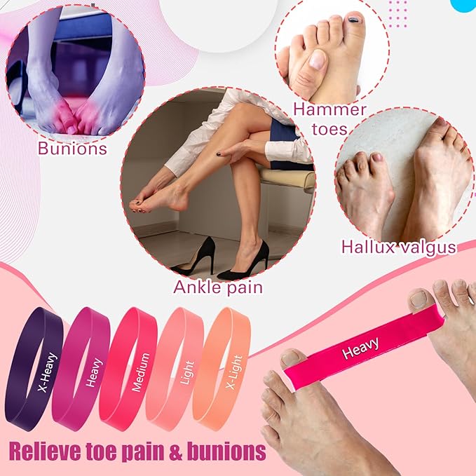 Set of 5 Toe Stretcher Bands for Bunions Correction Foot Big Toe Spacers Resistance Straightener Loop Bands with Carry Bag for Women Men Hallux Valgus Alignment Yoga Exercise(Pink)
