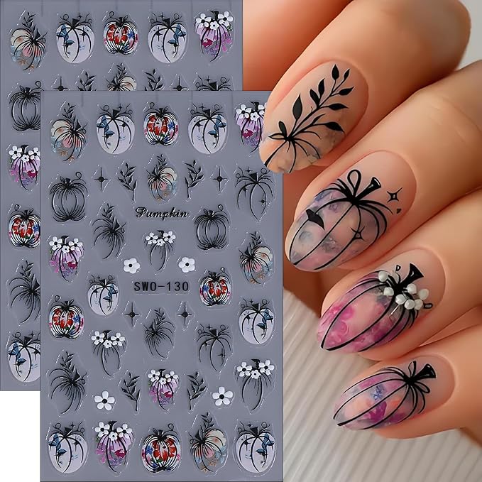 Halloween Nail Art Stickers, Halloween Pumpkin Nail Decals 3D Embossed with Grass Flowers Star Design 2PCS Pumpkin Nail Art Supplies for Women Decoration