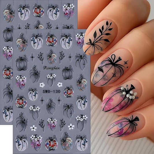 Halloween Nail Art Stickers, Halloween Pumpkin Nail Decals 3D Embossed with Grass Flowers Star Design 2PCS Pumpkin Nail Art Supplies for Women Decoration