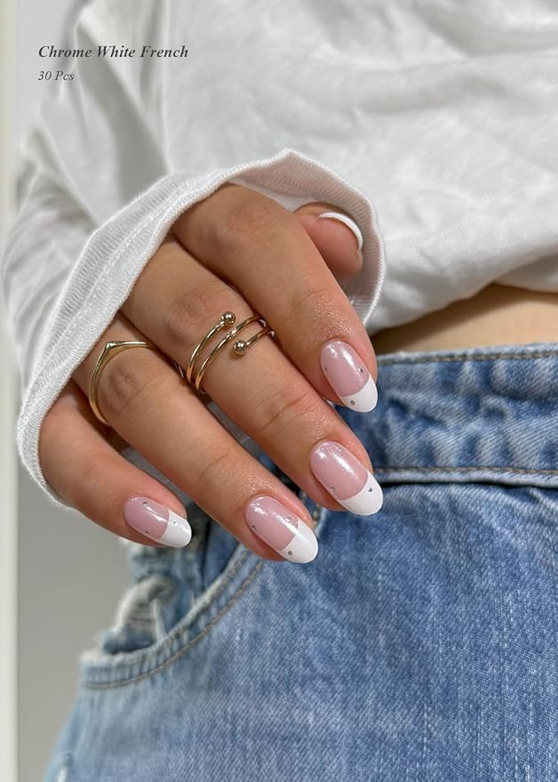 Semi Cured Gel Nail Strips (Chrome White French), Pearls, Glazed Donut, 30 Pcs Gel Nail Wraps, Stickers, UV Light Required