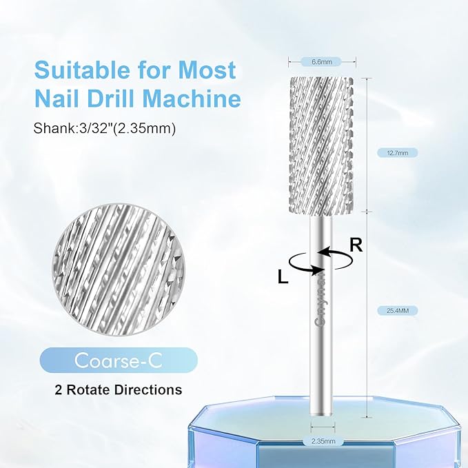 3/32" Large Barrel Bit Tungsten Carbide Nail Drill Bit Safety Bit for Gel & Acrylic Removal, 2- Way Rotating Efile Tip, Salon Electric File Accessory (C Girt, Silver)
