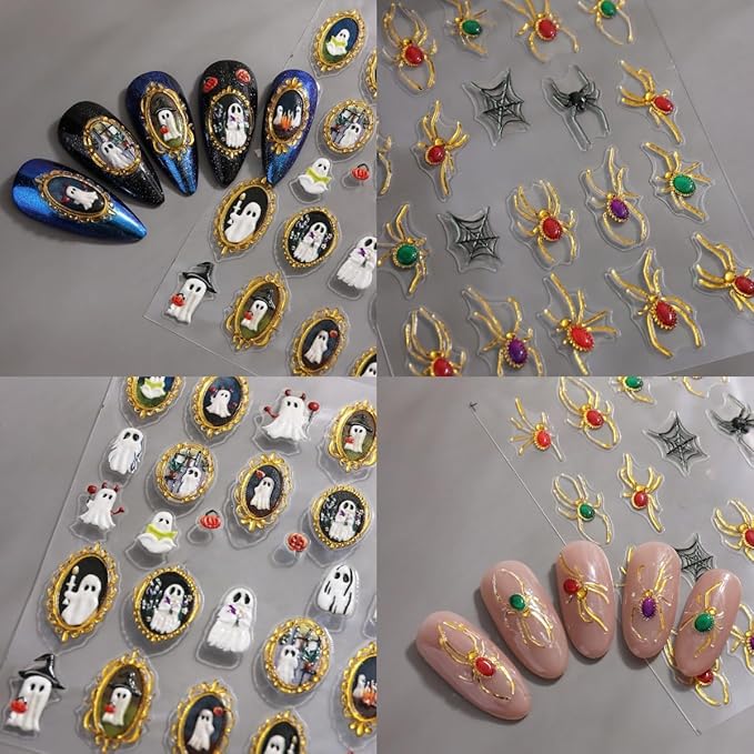 5D Halloween Nail Stickers Spider Ghost Nail Art Stickers Self-Adhesive 5D Engraved Retro Picture Frame Ghost Nail Decals Pegatinas Uñas Jelly Spider Nail Supplies for Women Nails Decorations 2Pcs