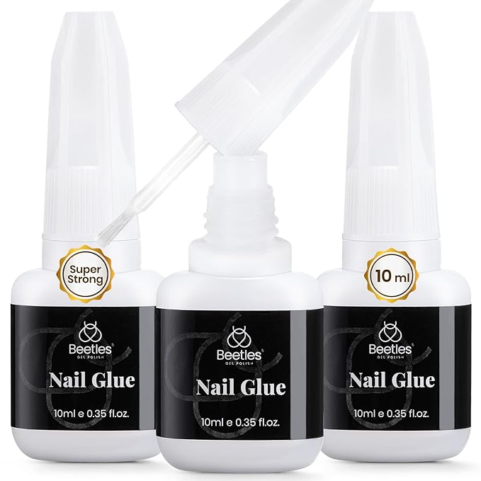Beetles Super Strong Nail Glue for Press on Nails: 10ML 3Pcs Brush on Glue for Acrylic Nails, Nail Tips Quick Dry No Uv Light Needed