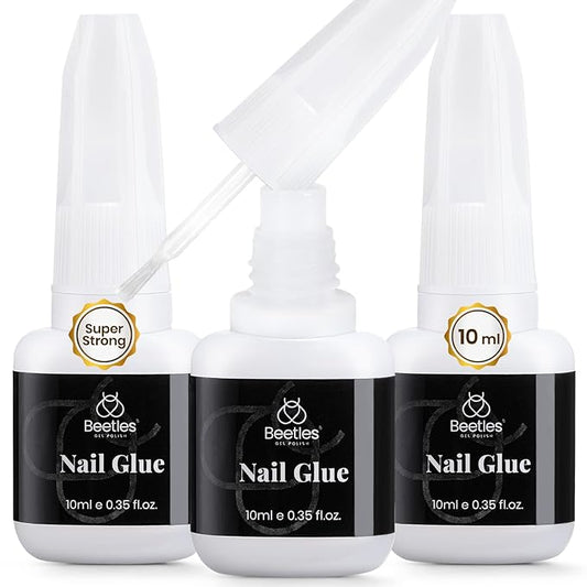 Beetles Super Strong Nail Glue for Press on Nails: 10ML 3Pcs Brush on Glue for Acrylic Nails, Nail Tips Quick Dry No Uv Light Needed