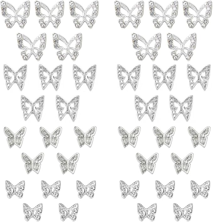 Silver Butterfly Nail Charms, 40pcs 3D Butterfly Charms for Acrylic Nails, 30 Butterflies Nail Rhinestones Gems Charms +10 Nail Alloy Studs, Nail Art Jewels Diamonds Gems Decor Supplies for Nails DIY