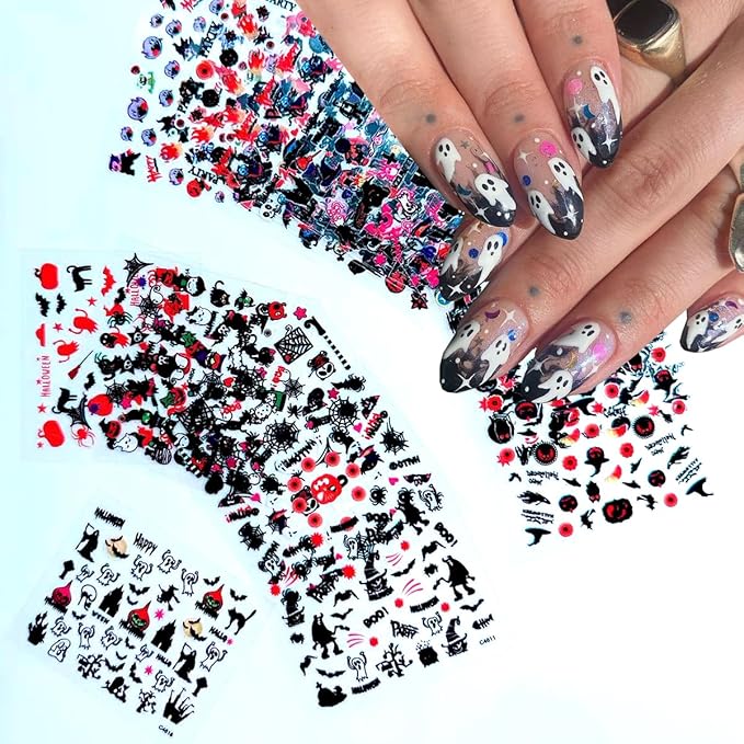 24Pcs/Set Small Halloween Nail Art Sticker, 3D Self-Adhesive Scary Ghost Skull Clown Witch Cat Pumpkin Spider Web Nail Stickers with Design Cute Halloween Nail Decals for Women