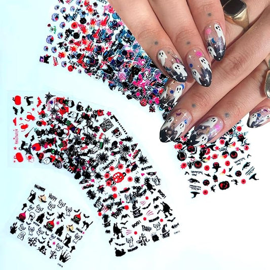 24Pcs/Set Small Halloween Nail Art Sticker, 3D Self-Adhesive Scary Ghost Skull Clown Witch Cat Pumpkin Spider Web Nail Stickers with Design Cute Halloween Nail Decals for Women