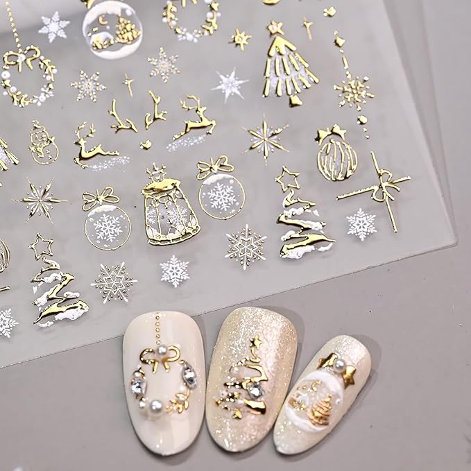 Christmas 5D Embossed Nail Art Stickers for Rhinestones - Self Adhesive Gold Xmas Trees, Snowman, Reindeer, Snowflake Design - Cute Winter Star Stickers for Women