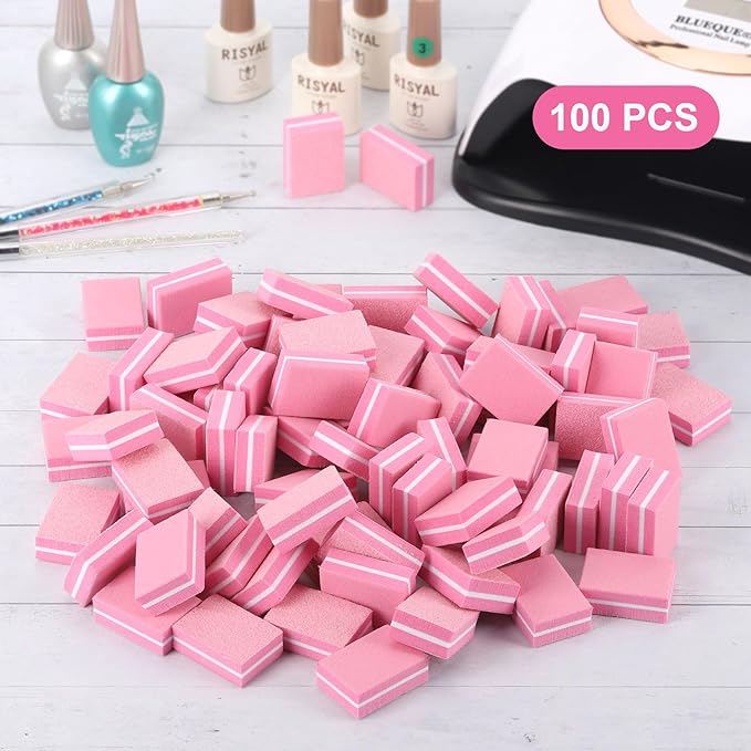 100Pcs Mini Nail Buffer for Natural Nails -100/180 Grit Buffer Block Dual Sided Nail File Block for Smooth Polishing(Pink)