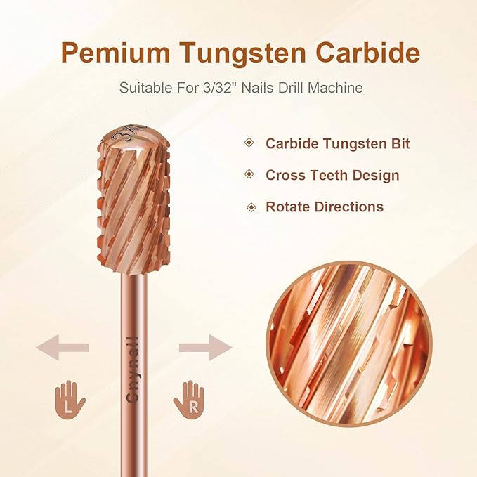 3/32" Large Barrel Smooth Round Top Tungsten Carbide Nail Drill Bit Safety Bit for Gel & Acrylic Removal, 2-Way Rotating Efile Tip, Salon Electric File Accessory (3XC Grit, Rose Gold)