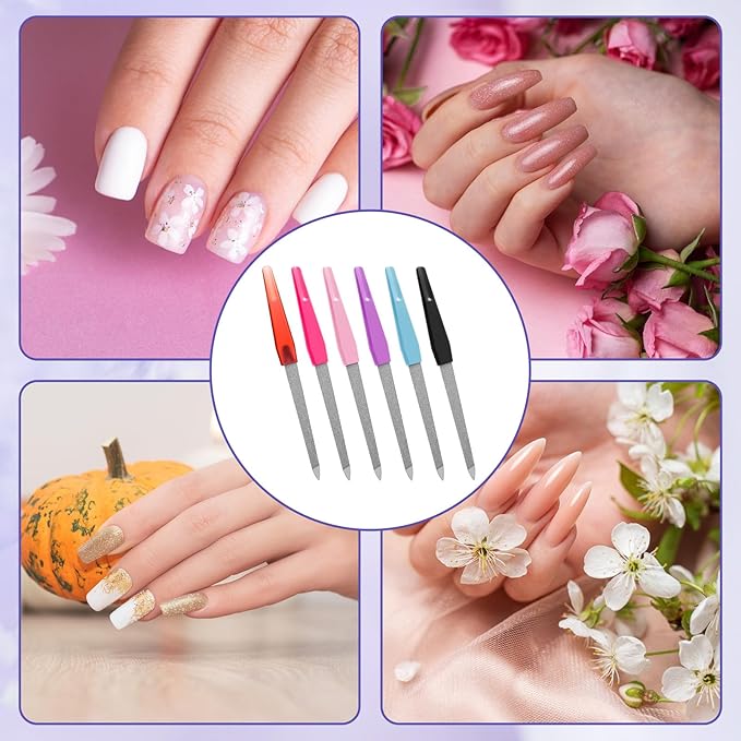 6 Pcs Fingernail Files for Women, 6 Inch Metal Nail Files Stainless Steel Sword Nail File with Sharp Pointed Tip and Non Slip Handle Colorful Diamond Deb Toenail File for Natural Nails