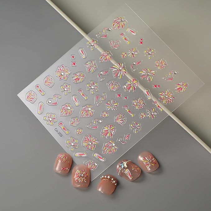 Colorful Fireworks Nail Stickers for Nail Art Embossed Fireworks Nail Art Stickers 5D Adhesive Glitter Rhinestones Fireworks Nail Decals Cute Fireworks Star Nail Supplies for Women DIY Manicure Decor