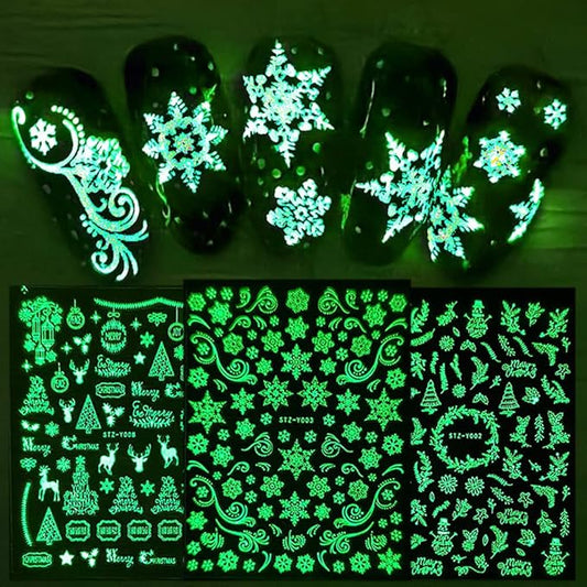 9 Sheets Christmas Glow in The Dark Nail Art Stickers Decals Self-Adhesive Pegatinas Uñas Navidad Winter Holiday Xmas Snowflake Nail Supplies Nail Art Design Decoration Accessories