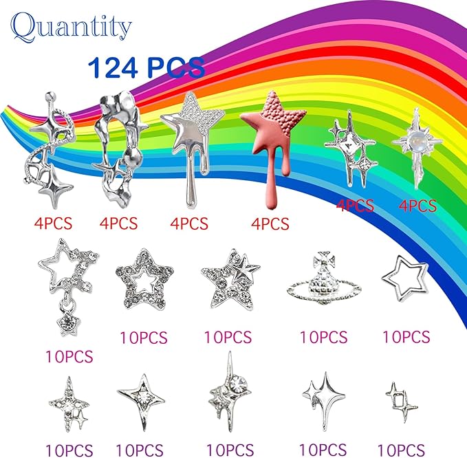 124PCS Star 3D Nail Charms for Acrylic Nails, Silver Nail Gems Alloy Starburst Nail Accessories, Nail Rhinestones for Nail Art Supplies Manicure Craft DIY