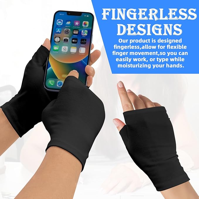 6 Pairs Cotton Gloves Eczema, Cotton Eczema Gloves for Women and Men, Touchscreen Fingerless Black Gloves for Art Handling, Fingerless Moisturizing Gloves for Dry Hands Overnight Skin Protect (Black)