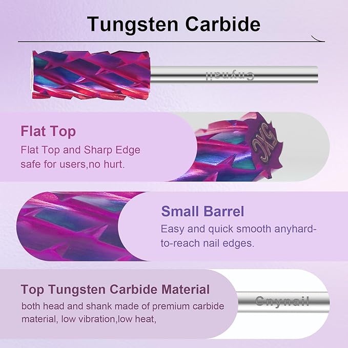 3/32" Small 5.35MM Barrel Bit Tungsten Carbide Nail Drill Bit Safety Bit for Gel & Acrylic Removal, Right Way Rotating Efile Tip, Salon Electric File Accessory (5XC Girt, Purple)