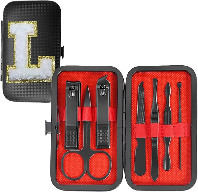 Manicure Set 7 PCS Nail Clippers Kit, Bafezoze Mens Grooming Kit, Initial Christmas Stocking Stuffers for Men Boys Letter L