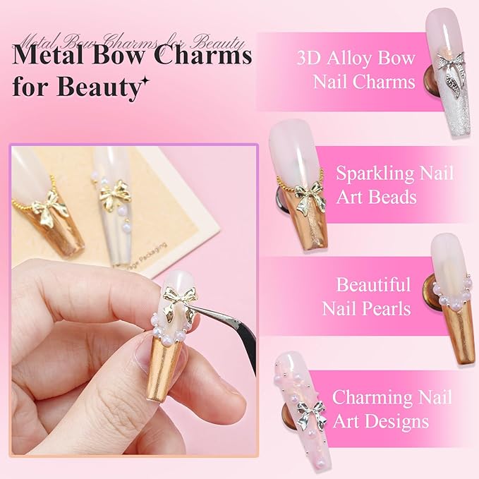 3D Metal Bowknot & AB Pearl and Mini Beads Nail Art Kit - Gold/Silver Alloy Bowknot, 1-2mm Stainless Steel Caviar Beads, 3mm Half Pearls for Professional Salon & DIY Manicure Jewelry Designs (Set 3)