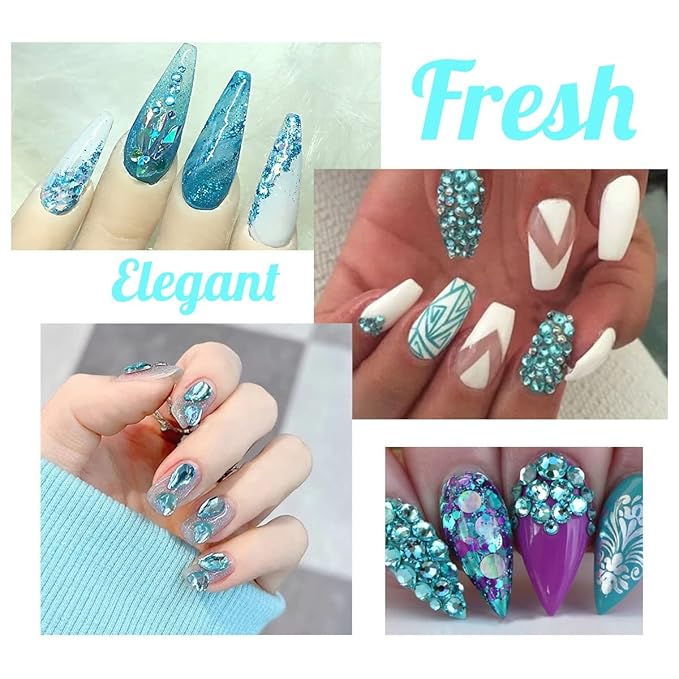 2052Pcs Aquamarine Nail Rhinestones Water Blue Diamonds 72 Multi Shapes Big Gems +1980 Flatback Round Beads K9 Glass Lakeblue Crystals Jewels Nail Art Charms for Nails Faces Eyes Makeup Women