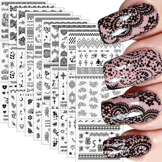 30 Sheets Black Nail Art Stickers 3D Self-Adhesive Black Lace Hollow Nail Decals 3D Black Retro Cat Flower Star Moon Heart Nail Stickers Nail Art Design for Women DIY Acrylic Nails Decoration