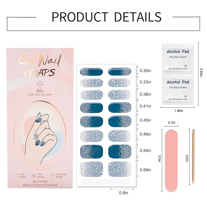 WOKOTO Semi Cured Gel Nail Strips (Blue & Glitter)-16 Pcs Gel Nail Stickers | Gel Nail Wraps | UV Light Required, Salon Quality & Easy To Use, Real Nail Polish Strips Stick On Nails With Nail File