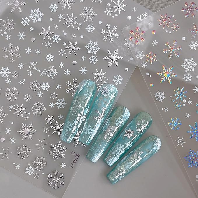 2 Sheets Snowflake Nail Stickers 3D Self-Adhesive Laser Silver Snow Flake Holiday Nail Art Stickers Winter Xmas Nail Decals Snowflake Nails Design Christmas Sticker Decoration for Women Nail Art Kit
