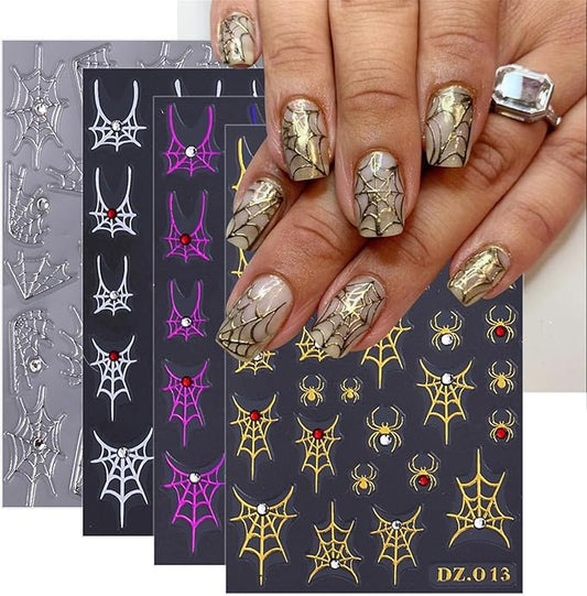 4 Sheets Spider Web Nail Stickers 3D Self-Adhesive Halloween Nail Art Stickers Laser White Silver Gold Spider Web with Rhinestones Horror Design Goth Nail Decals Nail Supplies for Women Acrylic Nail