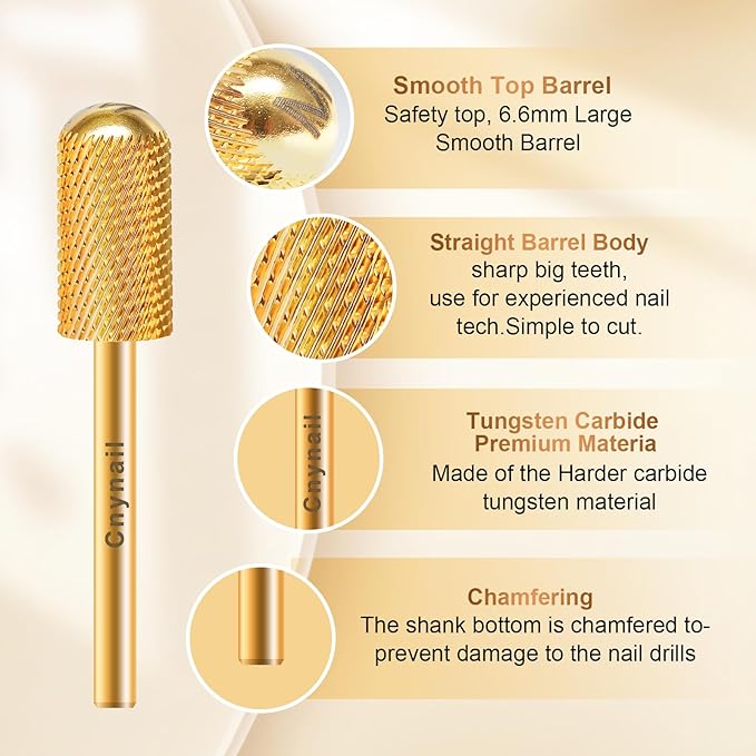 3/32" Large Barrel Smooth Round Top Tungsten Carbide Nail Drill Bit Safety Bit for Gel & Acrylic Removal, 2-Way Rotating Efile Tip, Salon Electric File Accessory (M Grit, Gold)