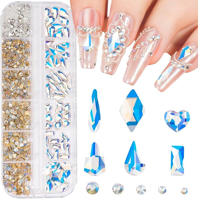 Multi Shapes Blue Moon 3D Glass Crystal Nail Rhinestones Kit Mix 0.8mm Silver Nail Round Beads Charm Flatback Gems 5 Grids Flatback Rhinestones Stone Diamond for Manicure Makeup DIY Decoration