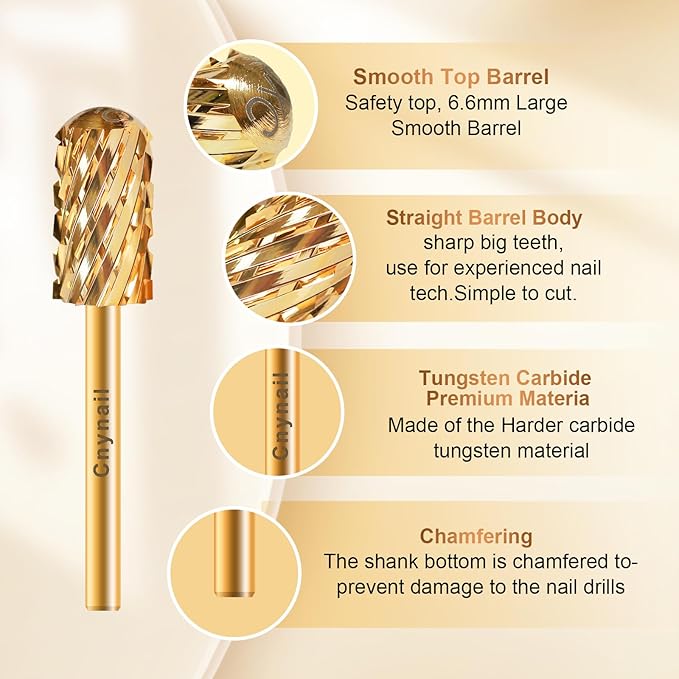 3/32" Large Barrel Smooth Round Top Tungsten Carbide Nail Drill Bit Safety Bit for Gel & Acrylic Removal, 2-Way Rotating Efile Tip, Salon Electric File Accessory (3XC Grit, Gold)