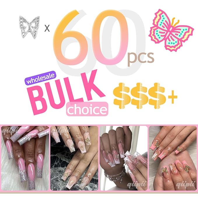 60pcs Silver Butterfly Nail Charms Bulk3D Butterflies Charms for Acrylic Nails, Nail Alloy Studs Charms Nail Art Jewels Decoration Supplies Accessories for Nails Face Makeup Body DIY Crafts