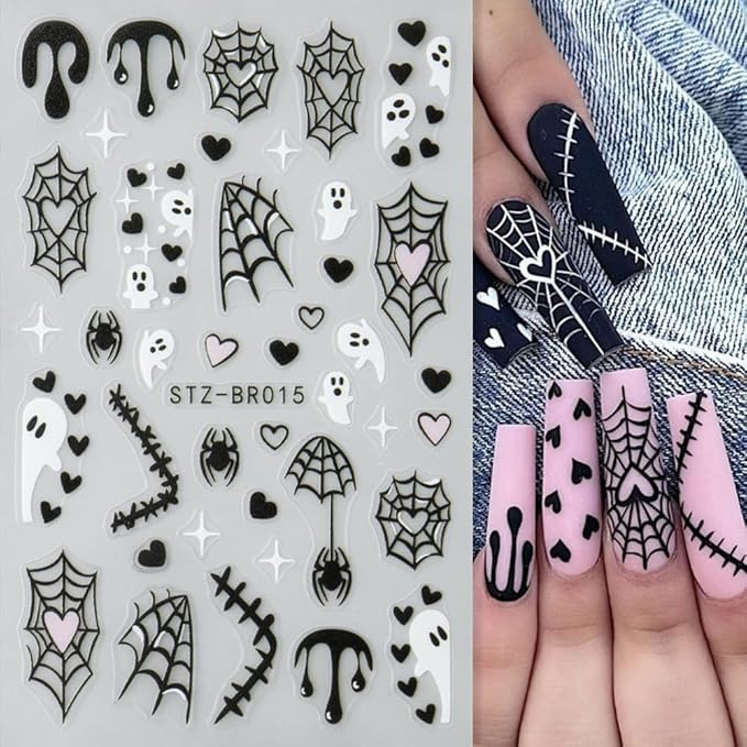 6Pcs Halloween Nail Stickers 3D Spider Web Nail Decals Ghost DIY Self Adhesive Spider Ghost Heart Nail Design Sticker Halloween Nail Decoration Supplies Holiday Manicure Accessories for Women Girls