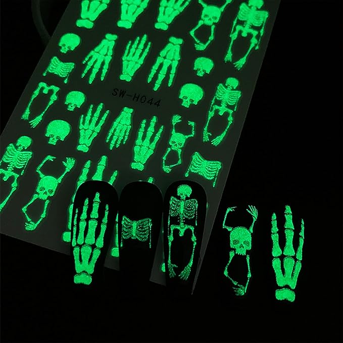 Halloween Nail Stickers for Nail Art Noctilucent Cute Ghost Skeleton Spider Web 3D Self-Adhesive Nail Decals Nail Art Supplies Nails Design Manicure Stickers for Nails DIY Decoration 4 Sheets