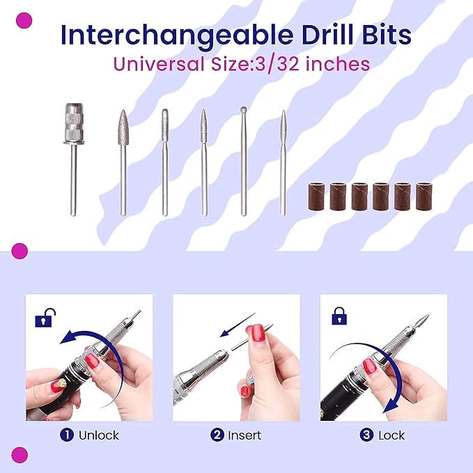 Delanie Electric Nail Drill Professional 35000 RPM Rechargeable Portable E-File for Nail Tech, Violet