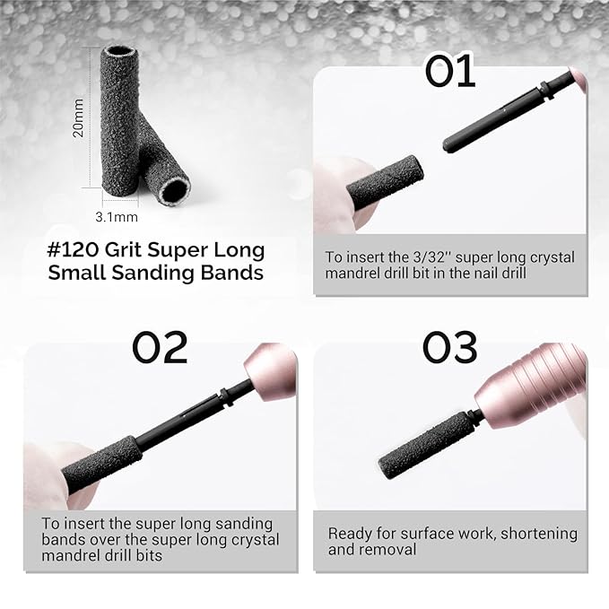 MelodySusie 50 Pcs Nail Drill Bits Super Long Small Sanding Bands with 3.1mm Crystal Mandrel Bit, 120 Medium Grit Nail File for Acrylic Nails Gel Manicures and Pedicure, Black