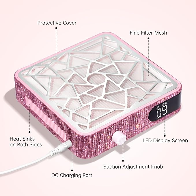 Nail Dust Collector, Powerful Vacuum Fan Vent Dust Collector Extractor Dust Suction Machine for Acrylic Nails Polishing, Nail Salon&Home, Pink Diamond