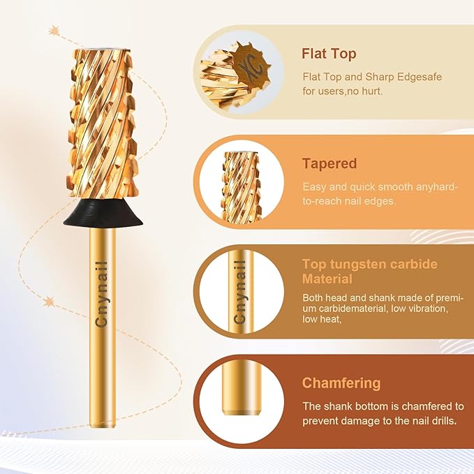 3/32" Large Tapered Barrel Flat Bit Tungsten Carbide Nail Drill Bit Safety Bit for Gel & Acrylic Removal, 2- Way Rotating Efile Tip, Salon Electric File Accessory (XC Girt, Gold)