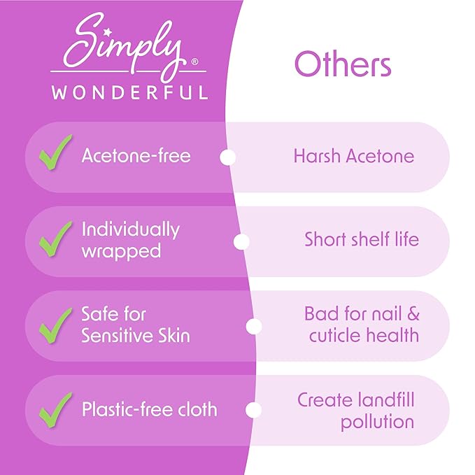 Simply Wonderful Lint Free Nail Polish Remover Wipes, Acetone-Free, Enriched with Nourishing Almond Oil, Plant-Based Nail Polish Remover Pads, 100 Individually Wrapped Nail Polish Wipes