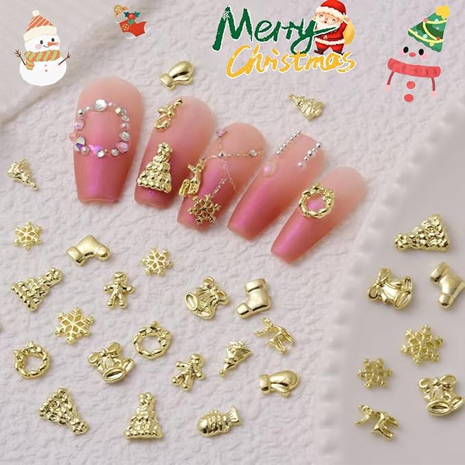 30Pcs Christmas Nail Charms and Gems 3D Metal Alloy Nail Rhinestone Jewelry Design Winter Christmas Tree Socks Snowflakes Elk Candy Gold Nail Art Charms for Women DIY Xmas Nails Decoration Supply