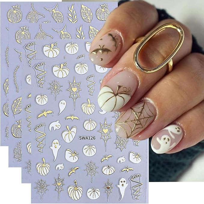 4 Sheets Halloween Nail Stickers for Nail Art 3D Self Adhesive Gold Glitter Nail Art Stickers Spider Web Pumpkin Nail Decals Fall Maple Leaf Nail Supplies for Women DIY Christmas Decorations