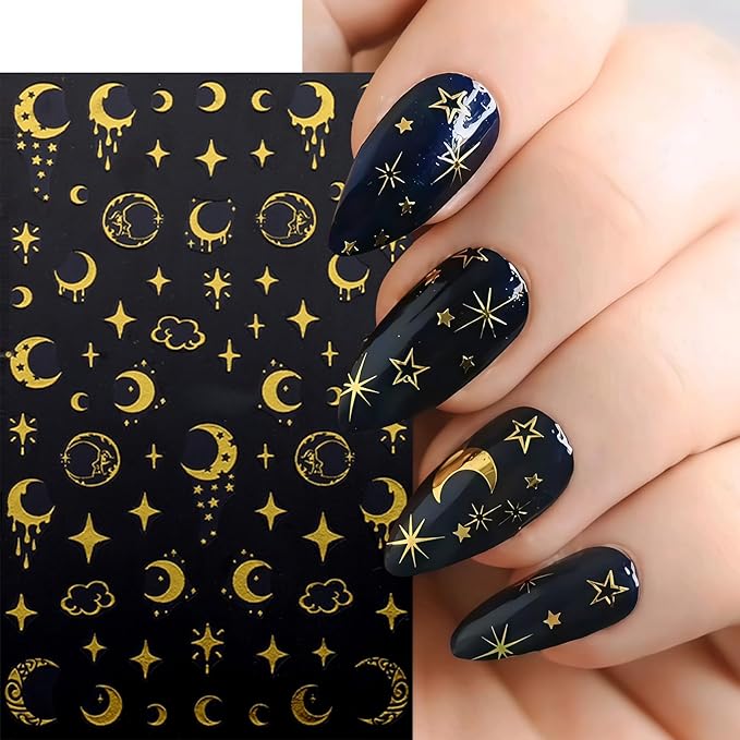 6 Pcs Gold Star Nail Stickers for Nail Art,Self-Adhesive Red Diamond Star Moon Nail Decals Star Moon Sun Pegatinas Uñas Cute Stars Nail Design Stickers Nail Art Supplies for Women Nail Decorations