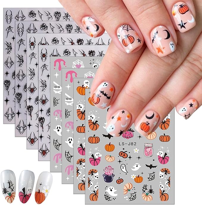 8 Sheets Halloween Nail Stickers Black Red Silver Spider Web Nails Art Stickers Decals 3D Self-Adhesive Cute Ghost Pumpkin Spider Skeleton Nail Decals for Women DIY Manicure Party Nails Decorations