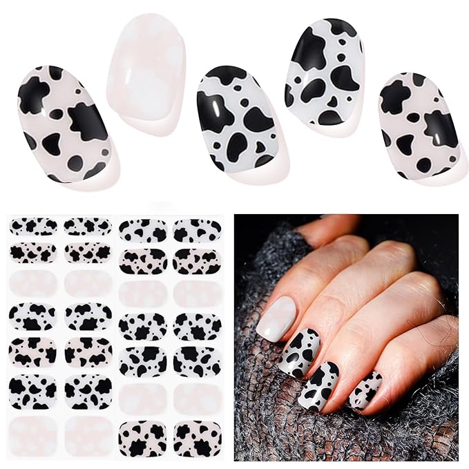Semi Cured Gel Nail Strips, Black White | 28 pcs Gel Nail Strips Work with Any UV Lamp, Salon Quality UV Nails Stickers, Easy to Apply for Home Nails DIY