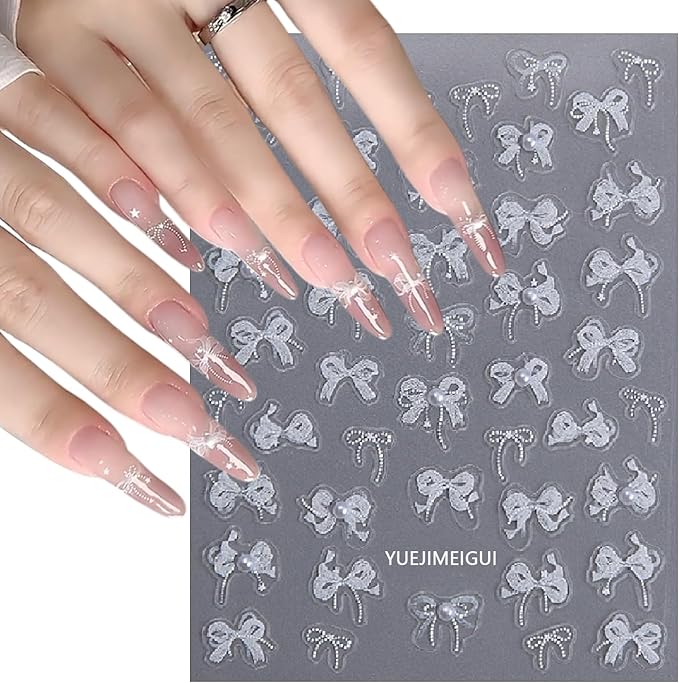 3 Sheets White Bow Ribbon Nail Art Stickers Pearl Lace Rhinestone Embossed Nail Decals Butterfly Pearl Design Self-Adhesive Nail Stickers Women's Nail Art Supplies