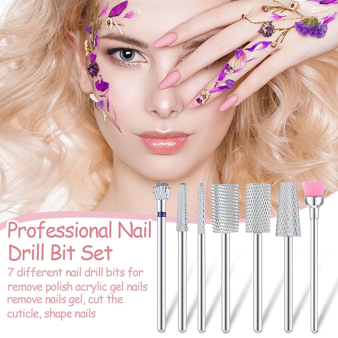 Hestya 7 Pieces Nail Drill Bits Set Tungsten Carbide Drill Bits for Nails Electric File 3/32 Inch Diamond Manicure Pedicure Cuticle Remover Tools for Acrylic Gel fingernail Salon(Silver)