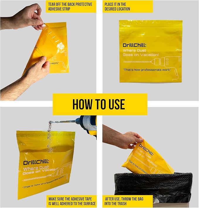 Drilling Dust Catcher Bags - 30PCS Disposable Yellow Dust Collector Bags for Drywall, Brick, Concrete Wall Drilling, Self-Adhesive, PRO and DIY Use, Trash Bags, Keeps Floors Clean