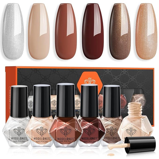 modelones Brown Nail Polish Set 6 Colors, Fall Winter Nude Silver Glitter Nail Polish Skin Tone Collection Quick Dry Mini Manicure DIY Nail Art Salon Home Gifts For Women Girl