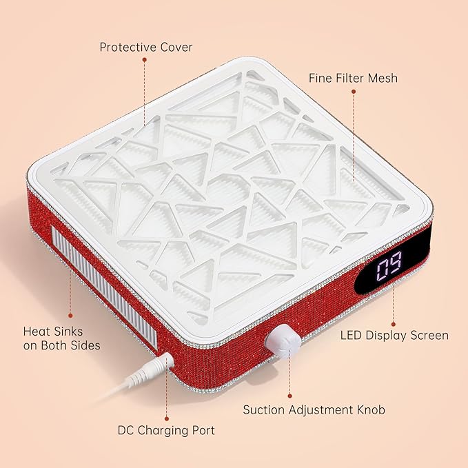 Nail Dust Collector, Powerful Vacuum Fan Vent Dust Collector Extractor Dust Suction Machine for Acrylic Nails Polishing, Nail Salon, Red Diamond